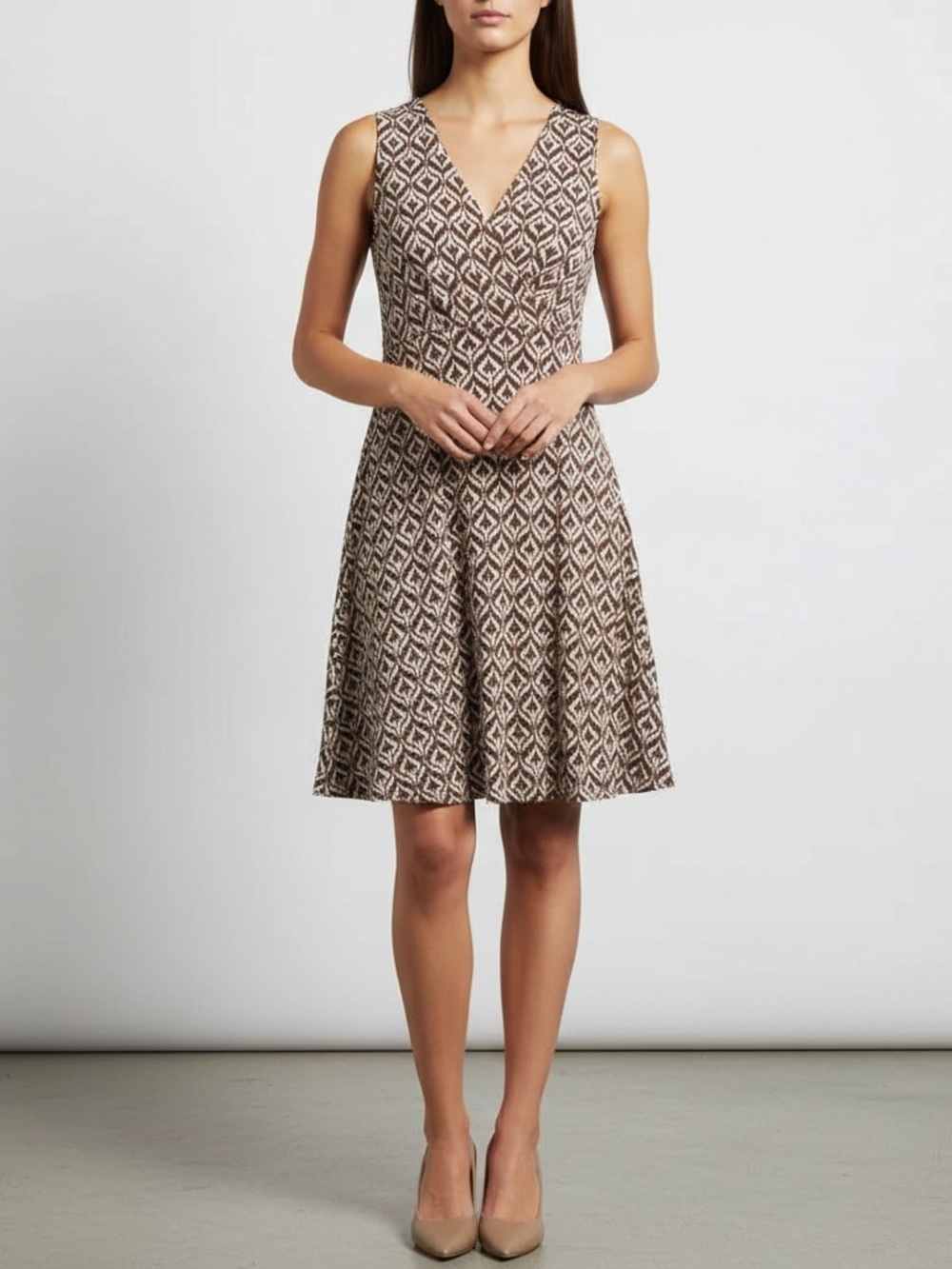 New York & Company Geometric Faux Wrap Sleeveless Dress S Brown White